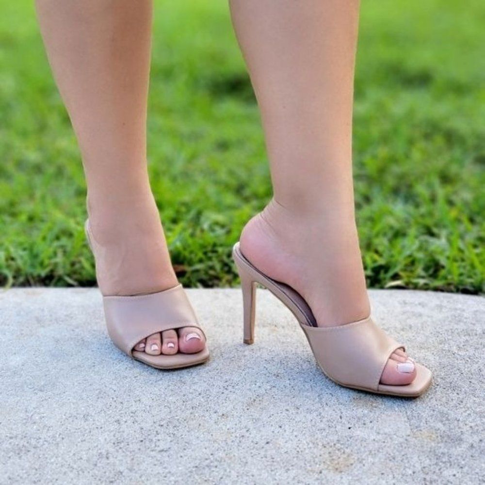 Women's Nude Open Square Toe High Mule Sandals